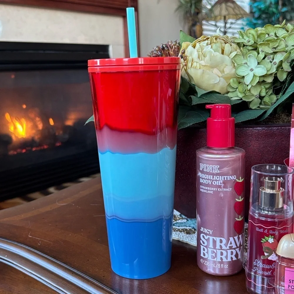 Brand New Starbucks Tumbler Cup Strawberry Bath & Body Works Set PINK Body Oil